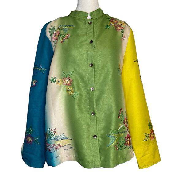 Marsh Landing green, blue, yellow & white floral embroidered button down top, M - Picture 1 of 14